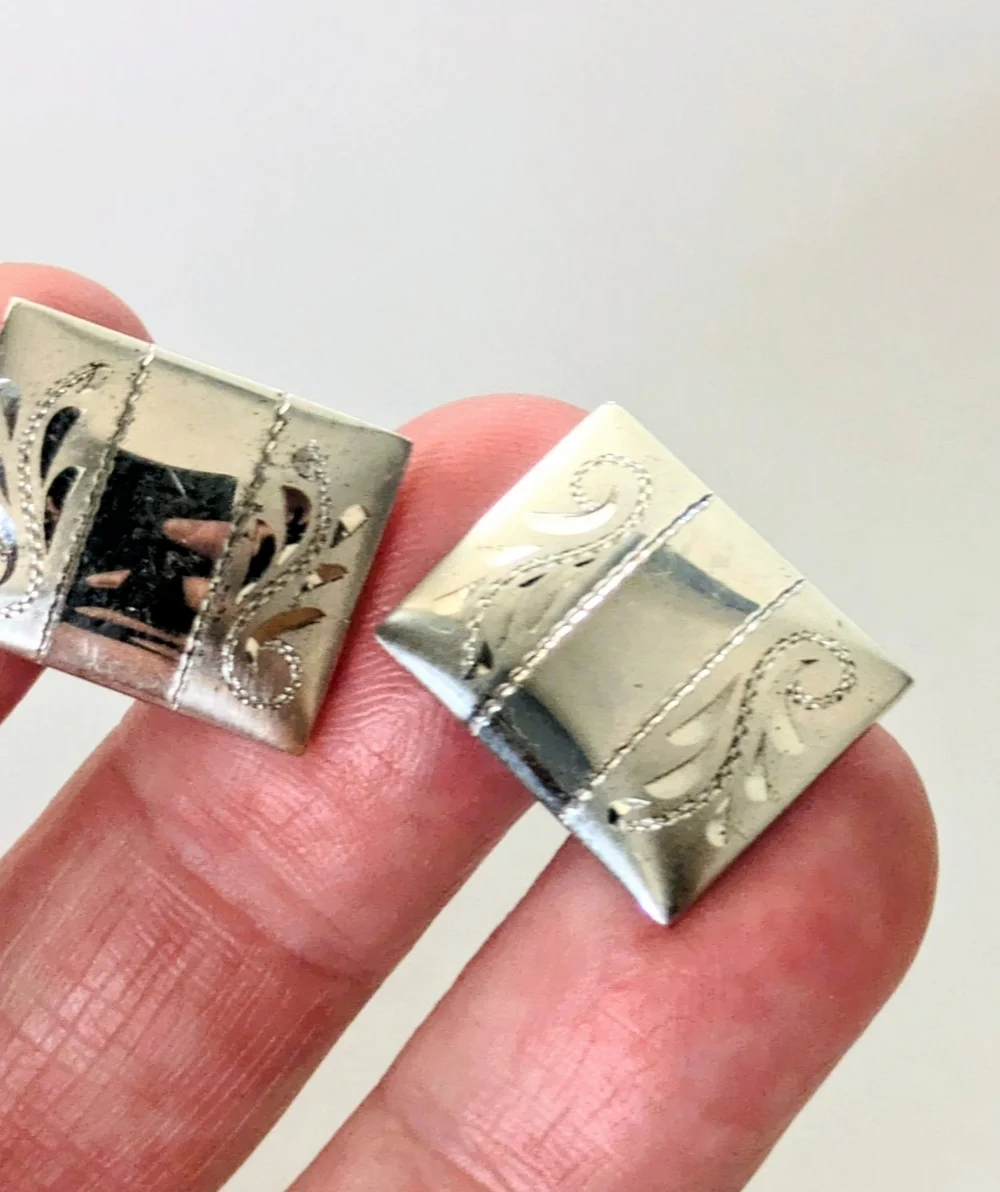 Elegant VINTAGE P&K STERLING SILVER Etched CUFFLINKS & TIE CLIP SET 17.89 Gr.